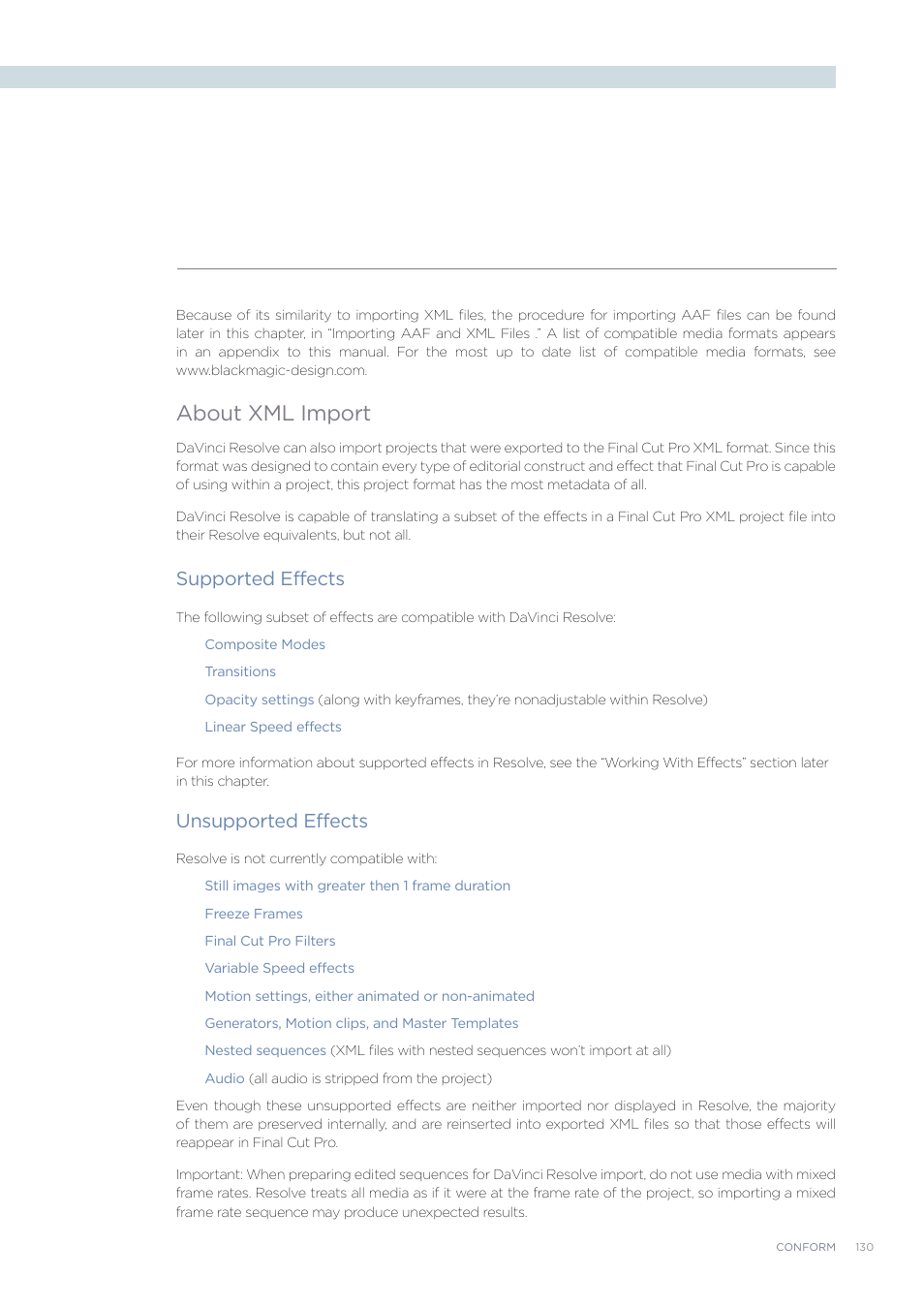 About xml import, Supported effects, Unsupported effects | Blackmagic Design DaVinci Resolve Advanced Panel User Manual | Page 130 / 435