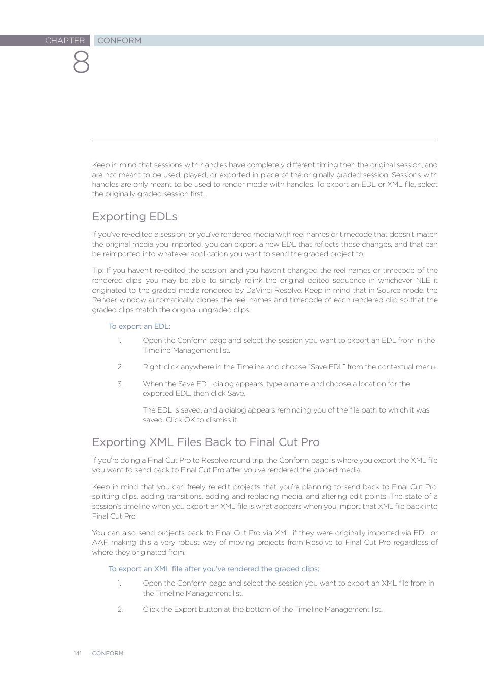 Exporting edls, Exporting xml files back to final cut pro | Blackmagic Design DaVinci Resolve Advanced Panel User Manual | Page 141 / 435