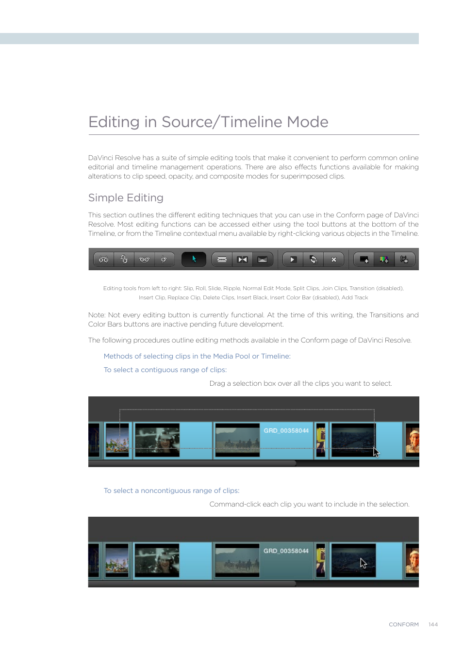 Editing in source/timeline mode, Simple editing | Blackmagic Design DaVinci Resolve Advanced Panel User Manual | Page 144 / 435