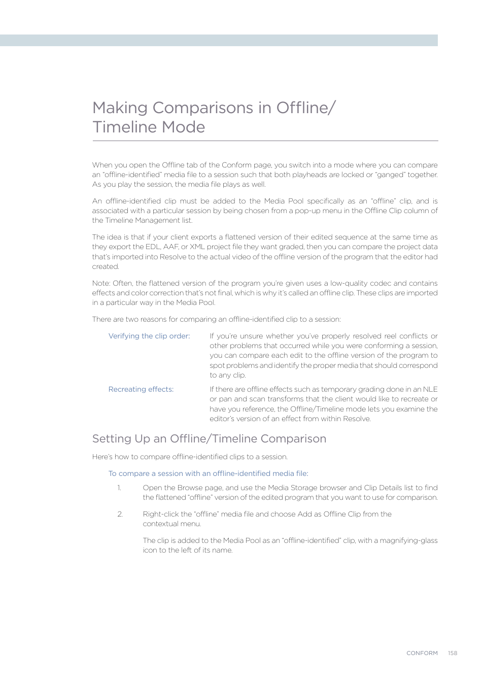 Making comparisons in offline/ timeline mode, Setting up an offline/timeline comparison | Blackmagic Design DaVinci Resolve Advanced Panel User Manual | Page 158 / 435