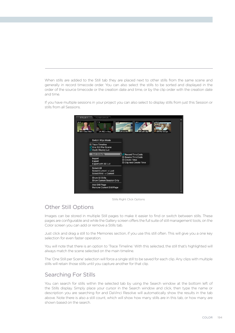 Other still options, Searching for stills | Blackmagic Design DaVinci Resolve Advanced Panel User Manual | Page 194 / 435