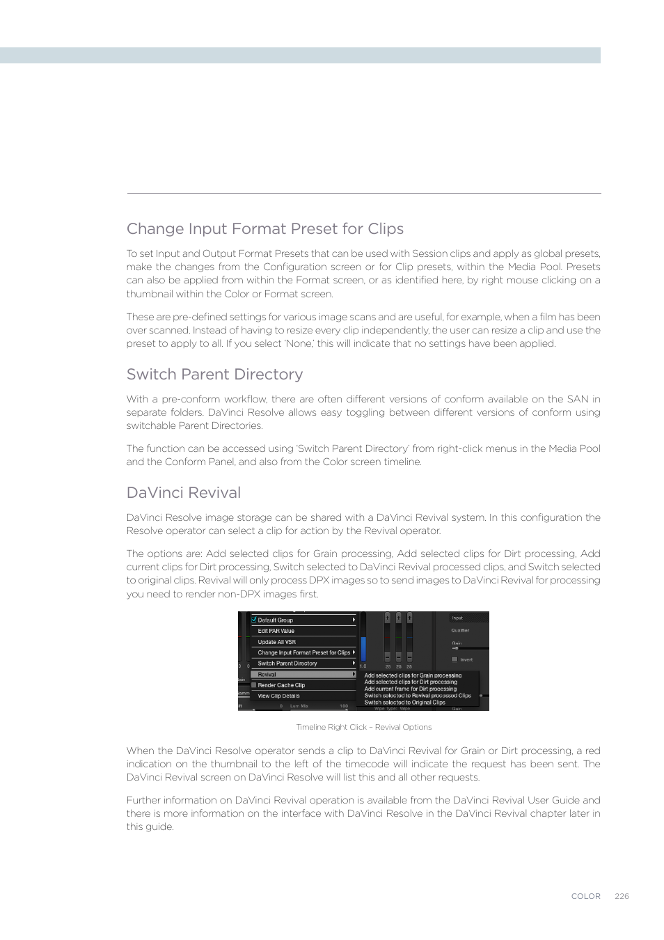 Change input format preset for clips, Switch parent directory, Davinci revival | Blackmagic Design DaVinci Resolve Advanced Panel User Manual | Page 226 / 435