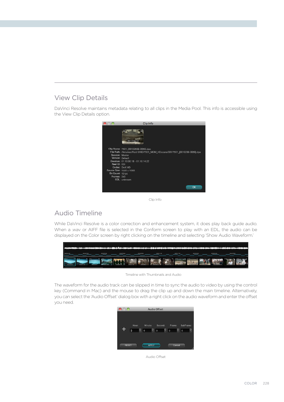 View clip details, Audio timeline | Blackmagic Design DaVinci Resolve Advanced Panel User Manual | Page 228 / 435