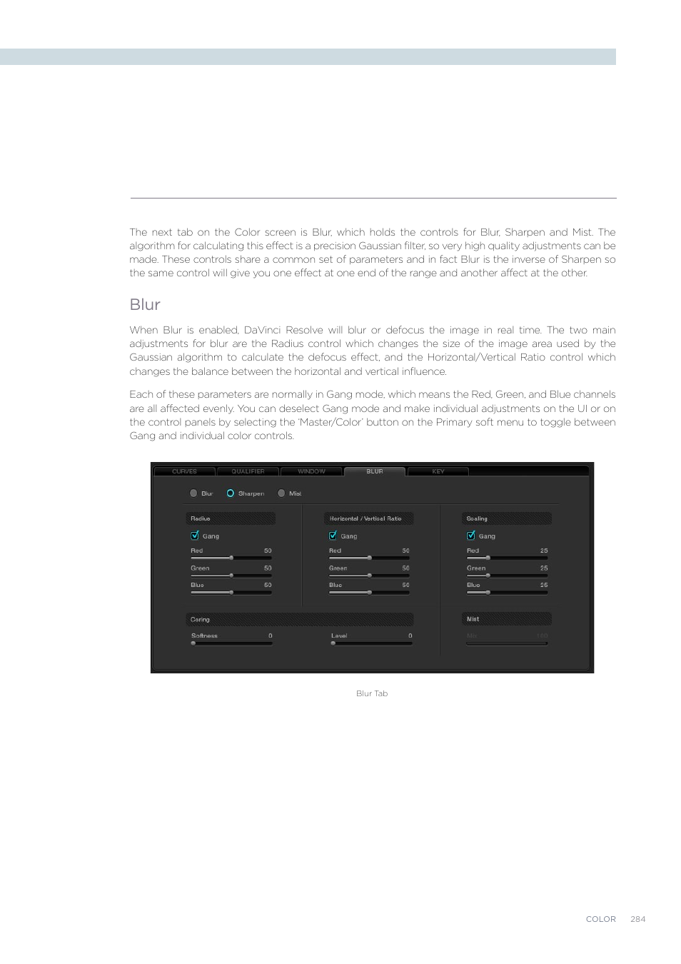 Blur | Blackmagic Design DaVinci Resolve Advanced Panel User Manual | Page 284 / 435