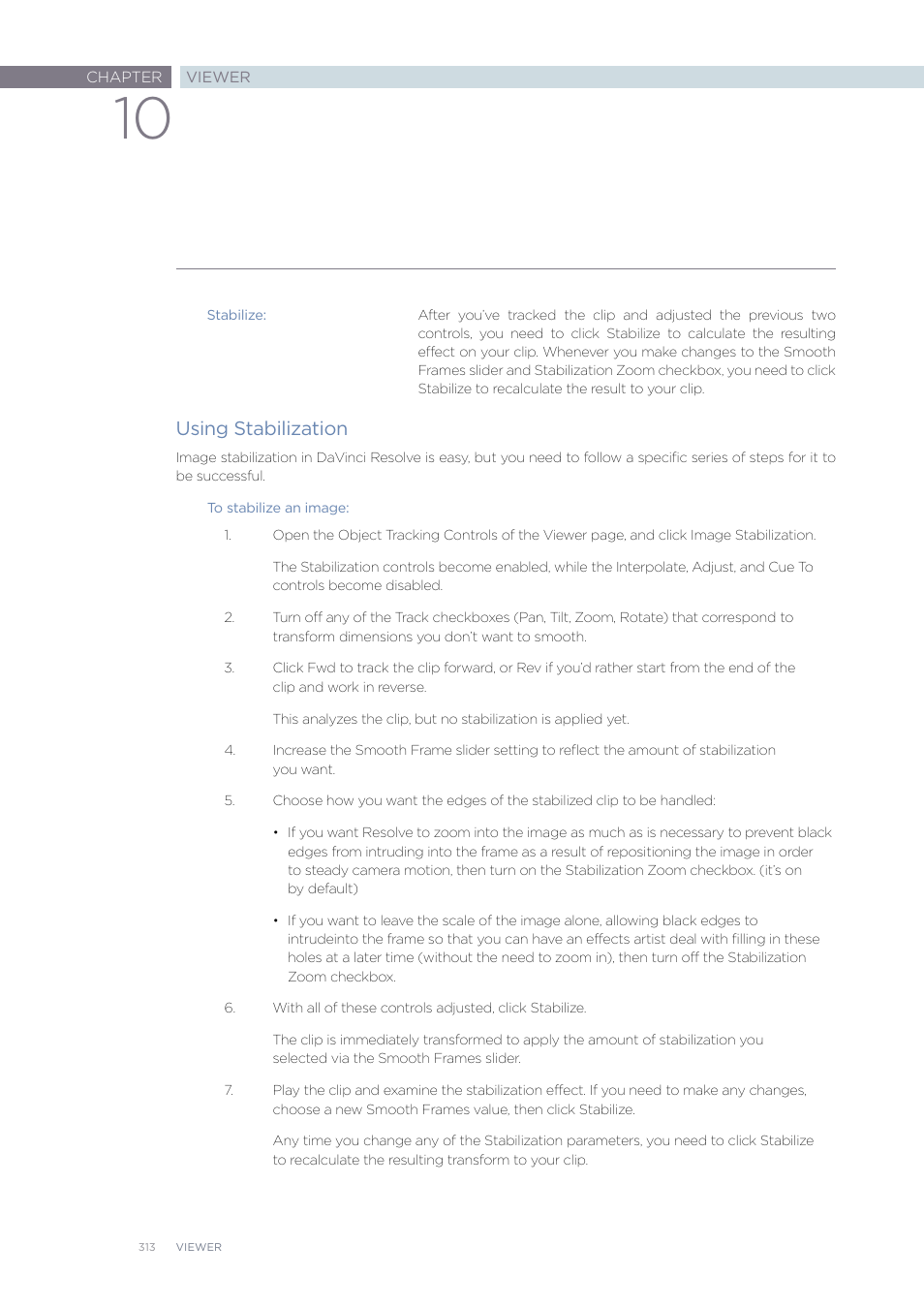 Using stabilization | Blackmagic Design DaVinci Resolve Advanced Panel User Manual | Page 313 / 435