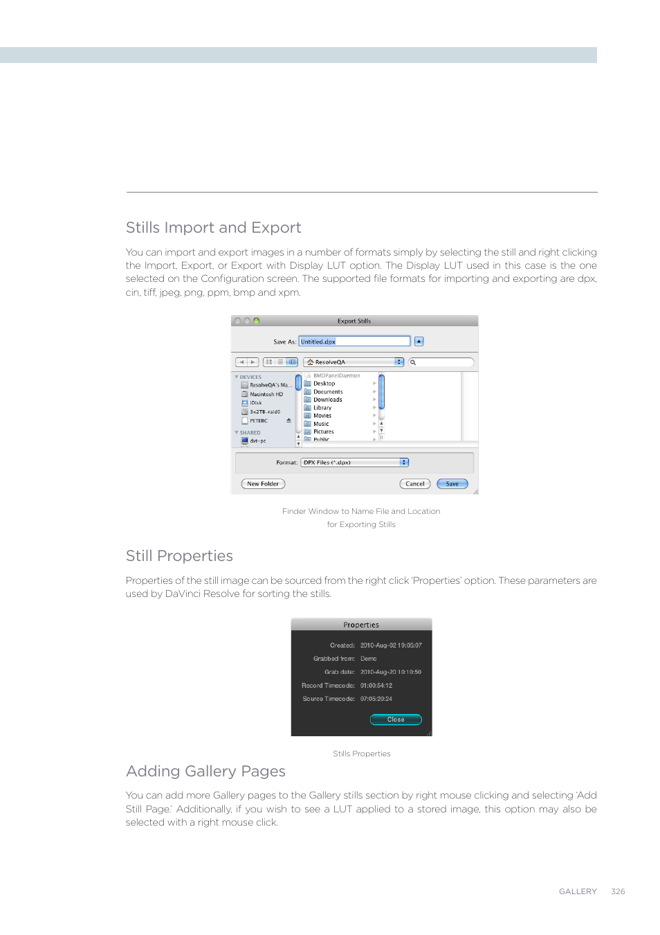 Stills import and export, Still properties, Adding gallery pages | Blackmagic Design DaVinci Resolve Advanced Panel User Manual | Page 326 / 435