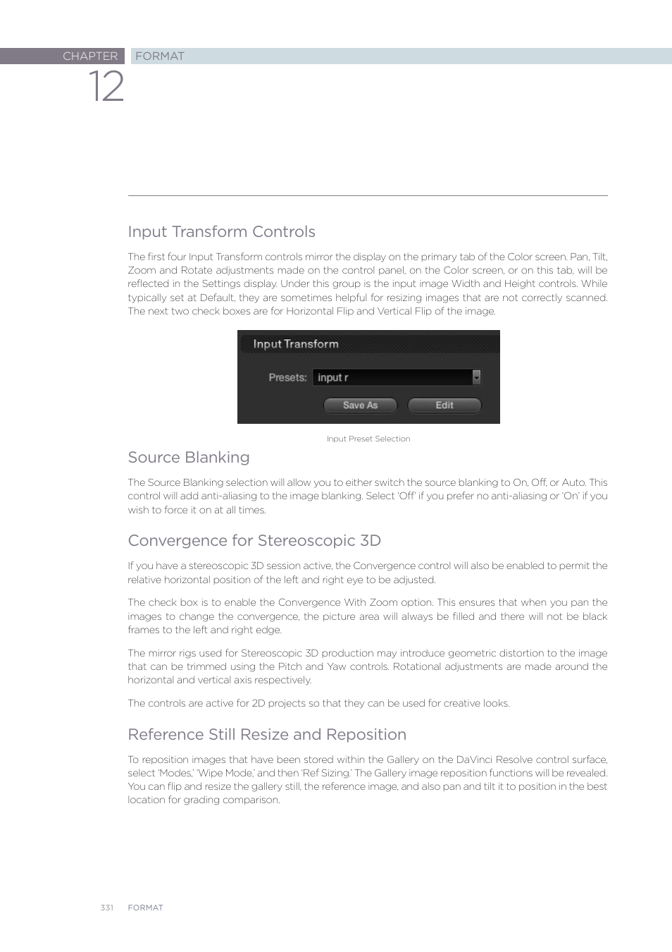 Input transform controls, Source blanking, Convergence for stereoscopic 3d | Reference still resize and reposition | Blackmagic Design DaVinci Resolve Advanced Panel User Manual | Page 331 / 435