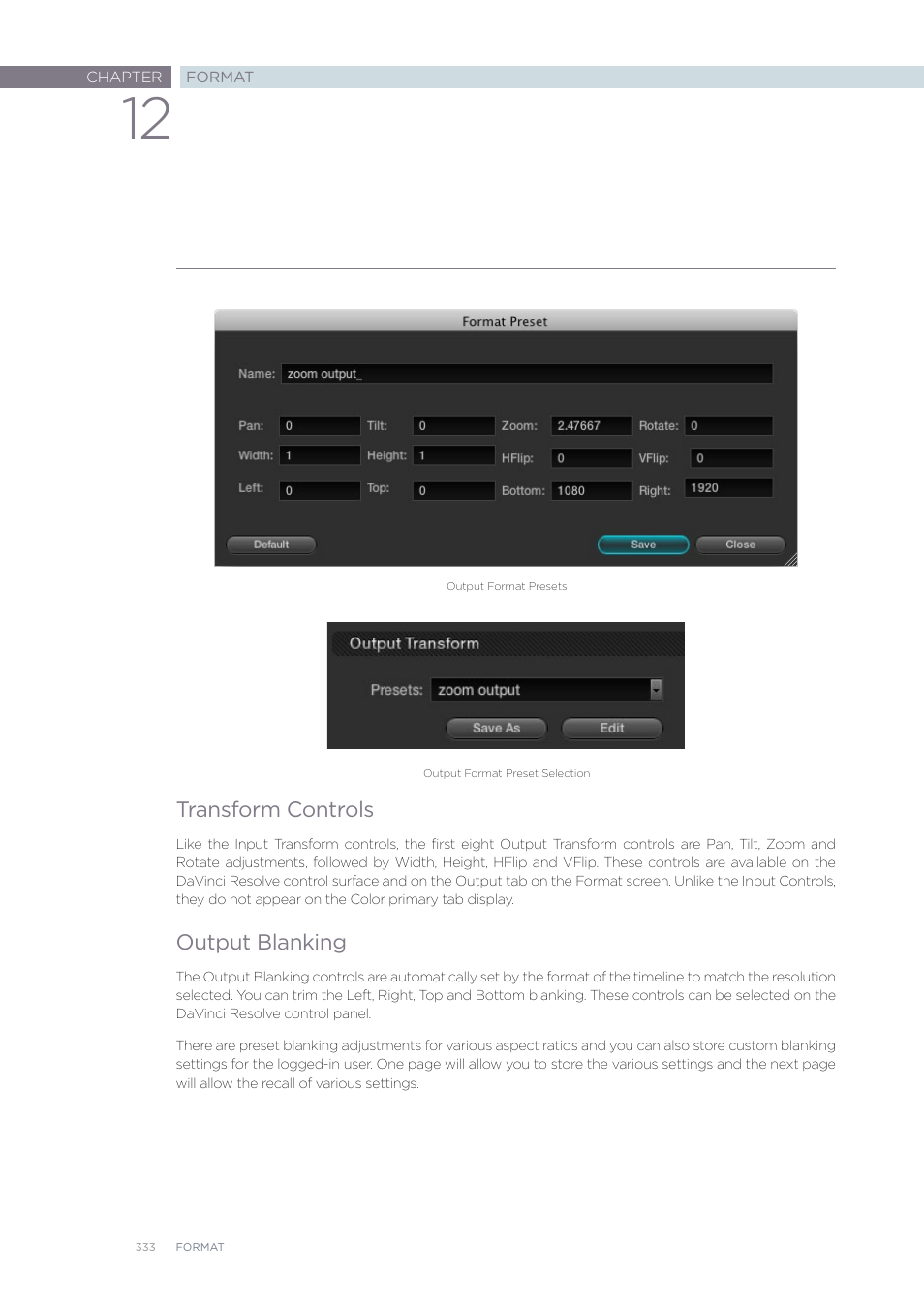 Transform controls, Output blanking | Blackmagic Design DaVinci Resolve Advanced Panel User Manual | Page 333 / 435