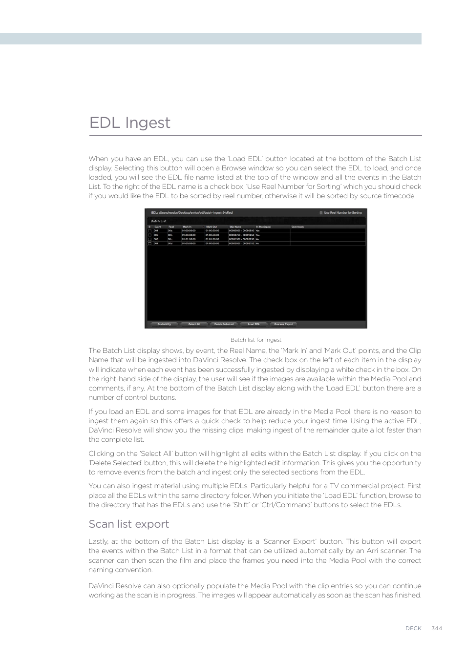 Edl ingest, Scan list export | Blackmagic Design DaVinci Resolve Advanced Panel User Manual | Page 344 / 435