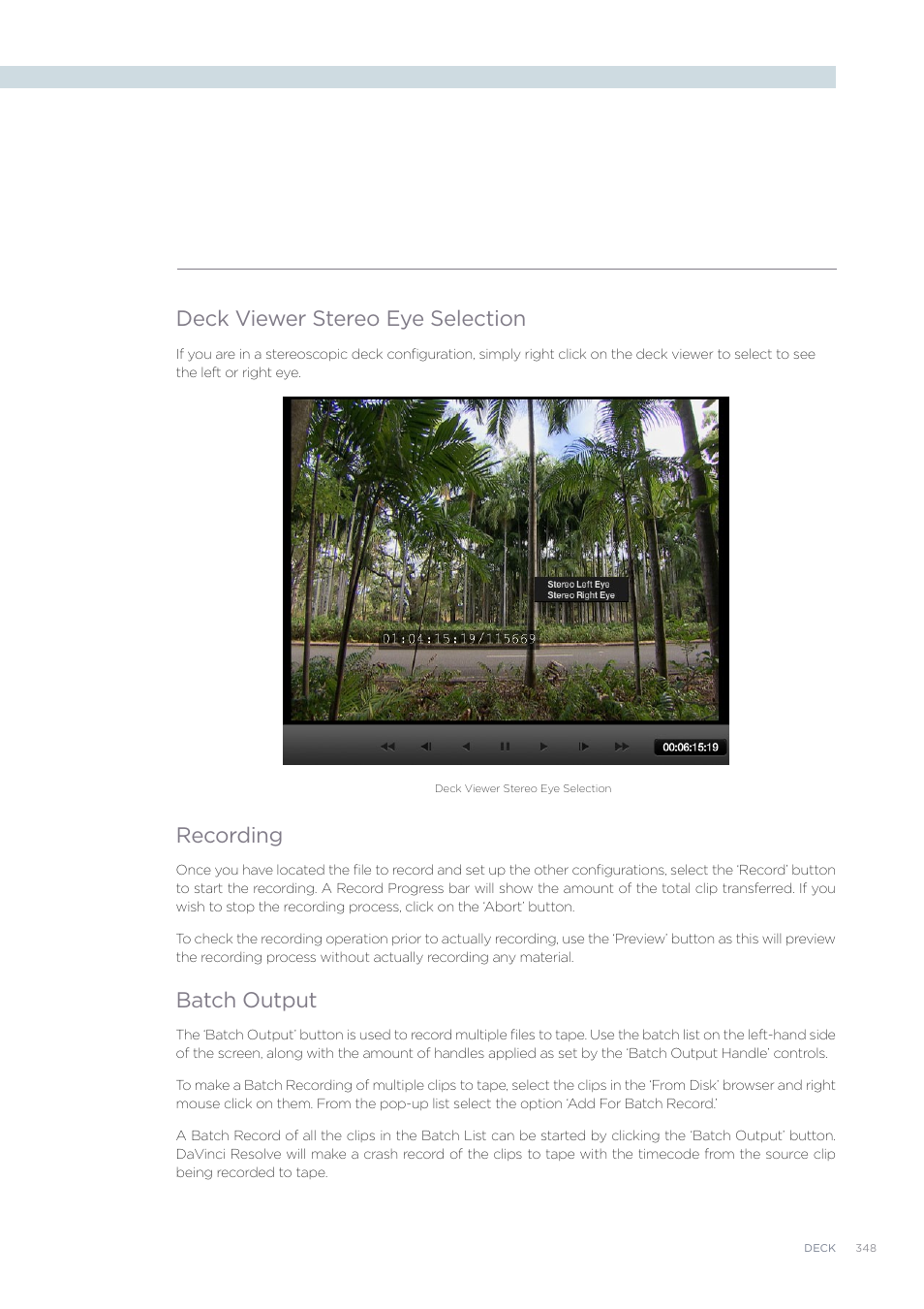 Deck viewer stereo eye selection, Recording, Batch output | Blackmagic Design DaVinci Resolve Advanced Panel User Manual | Page 348 / 435