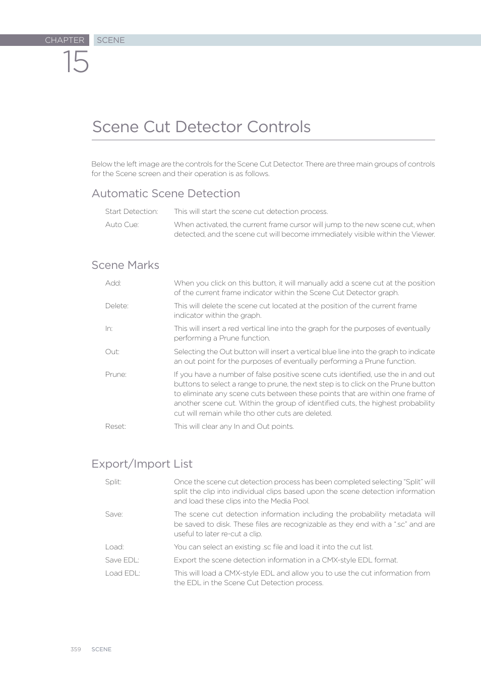 Scene cut detector controls, Automatic scene detection, Scene marks | Export/import list | Blackmagic Design DaVinci Resolve Advanced Panel User Manual | Page 359 / 435