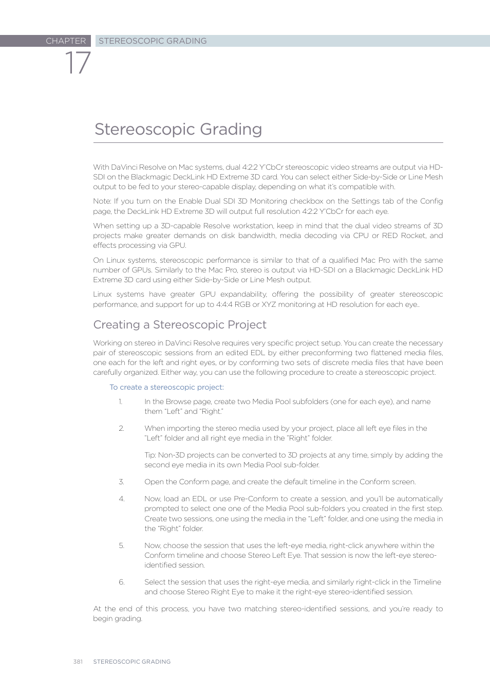 Stereoscopic grading, Creating a stereoscopic project | Blackmagic Design DaVinci Resolve Advanced Panel User Manual | Page 381 / 435