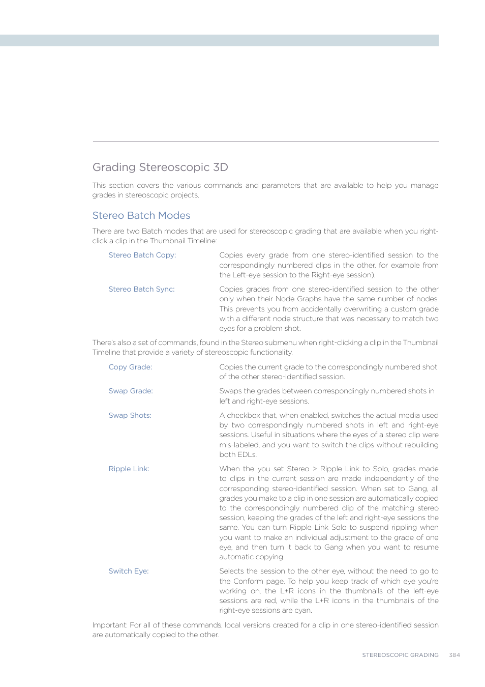 Grading stereoscopic 3d, Stereo batch modes | Blackmagic Design DaVinci Resolve Advanced Panel User Manual | Page 384 / 435