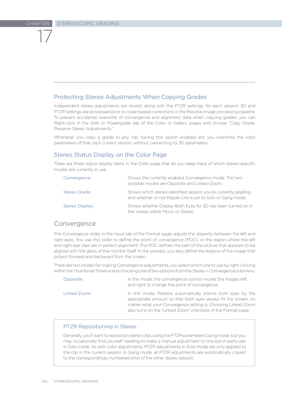 Convergence, Protecting stereo adjustments when copying grades, Stereo status display on the color page | Blackmagic Design DaVinci Resolve Advanced Panel User Manual | Page 385 / 435