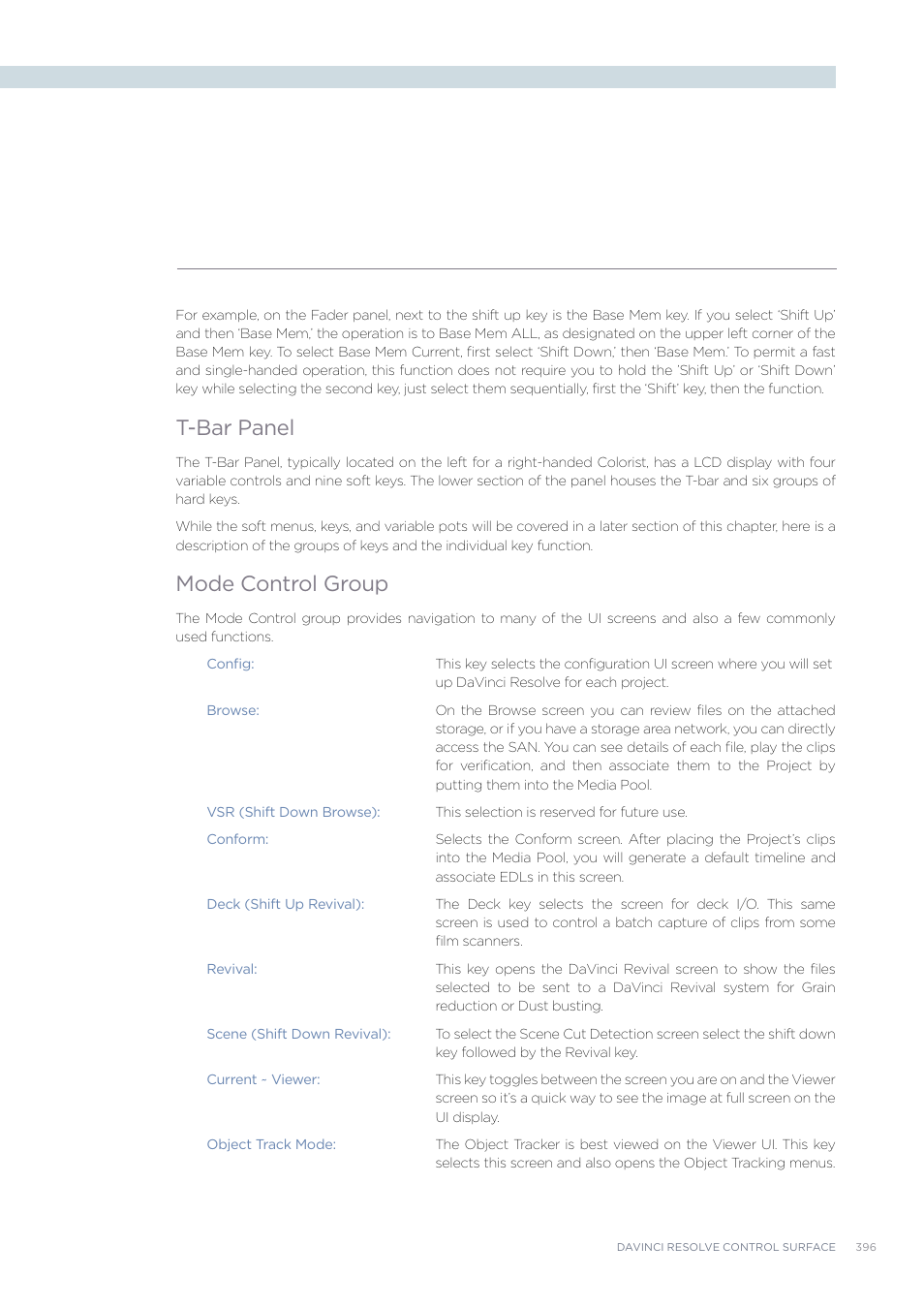 T-bar panel, Mode control group | Blackmagic Design DaVinci Resolve Advanced Panel User Manual | Page 396 / 435