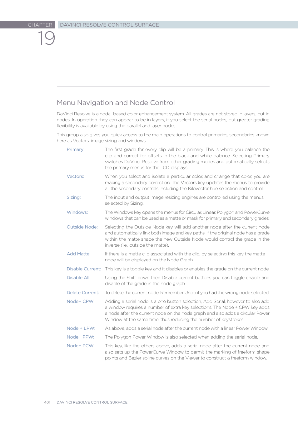 Menu navigation and node control | Blackmagic Design DaVinci Resolve Advanced Panel User Manual | Page 401 / 435