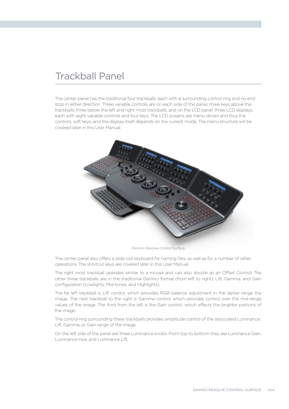 Trackball panel | Blackmagic Design DaVinci Resolve Advanced Panel User Manual | Page 404 / 435