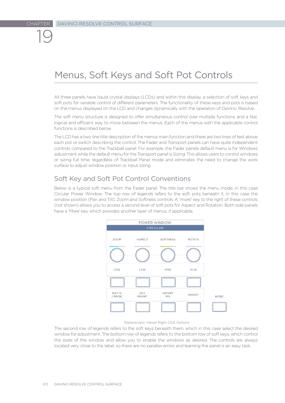 Menus, soft keys and soft pot controls | Blackmagic Design DaVinci Resolve Advanced Panel User Manual | Page 413 / 435