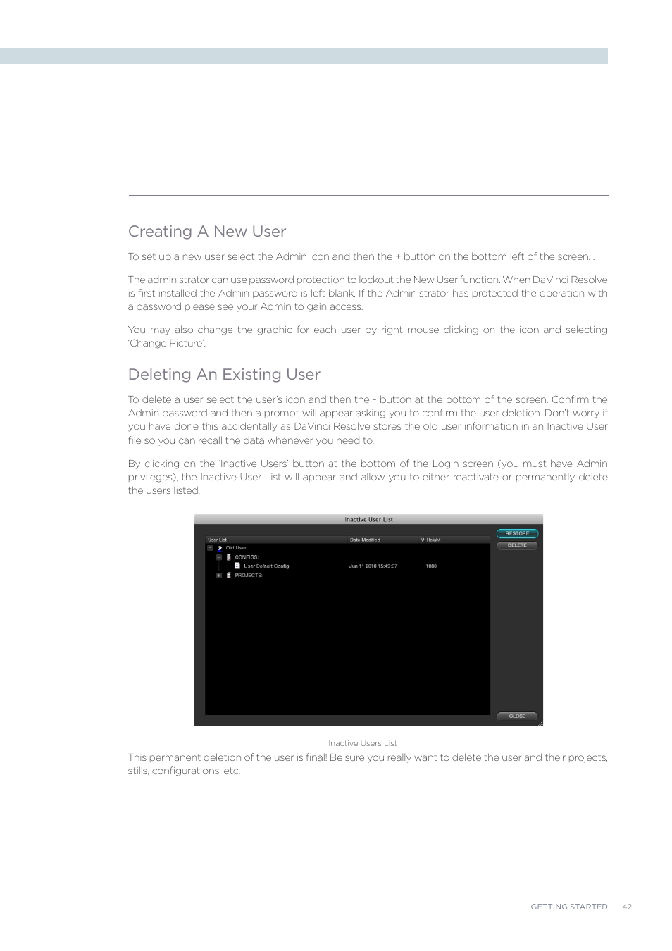 Creating a new user, Deleting an existing user | Blackmagic Design DaVinci Resolve Advanced Panel User Manual | Page 42 / 435