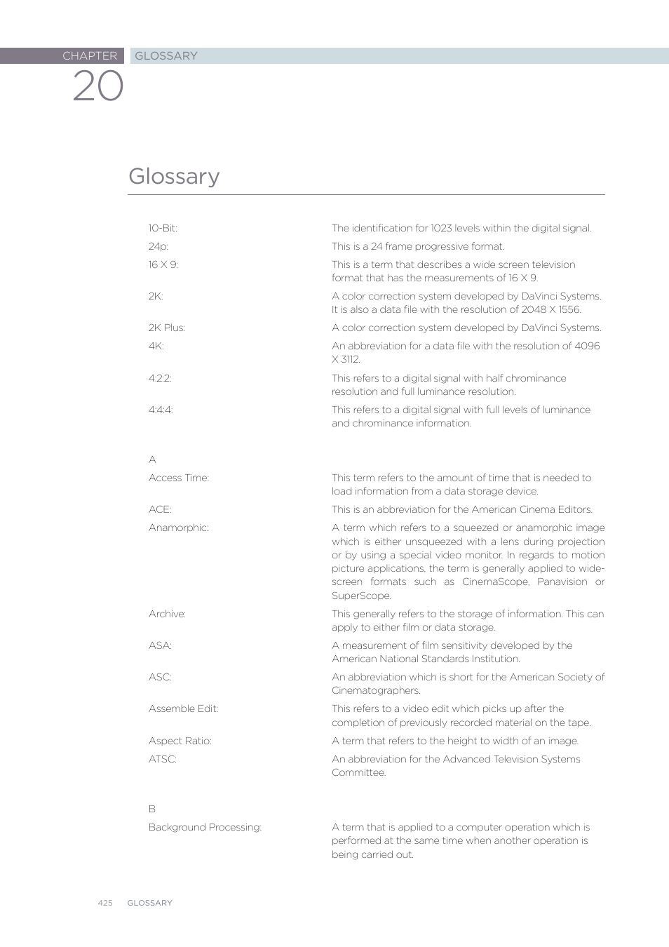 Glossary | Blackmagic Design DaVinci Resolve Advanced Panel User Manual | Page 425 / 435