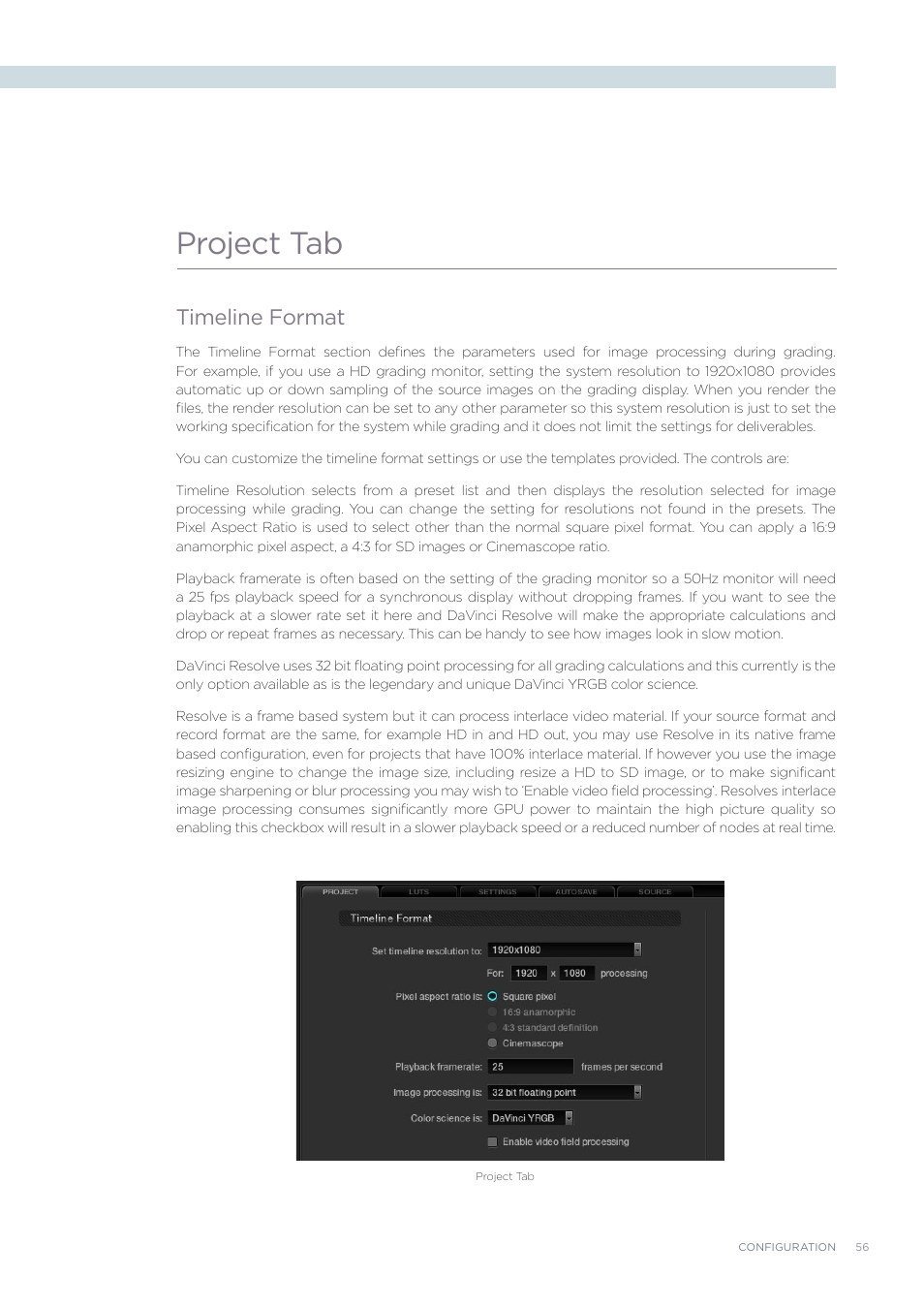 Project tab, Timeline format | Blackmagic Design DaVinci Resolve Advanced Panel User Manual | Page 56 / 435