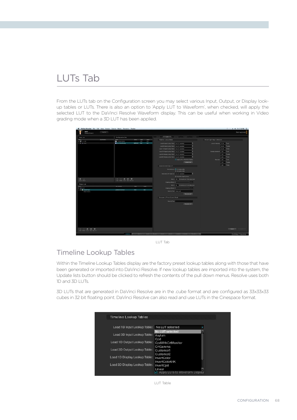 Luts tab, Timeline lookup tables | Blackmagic Design DaVinci Resolve Advanced Panel User Manual | Page 68 / 435