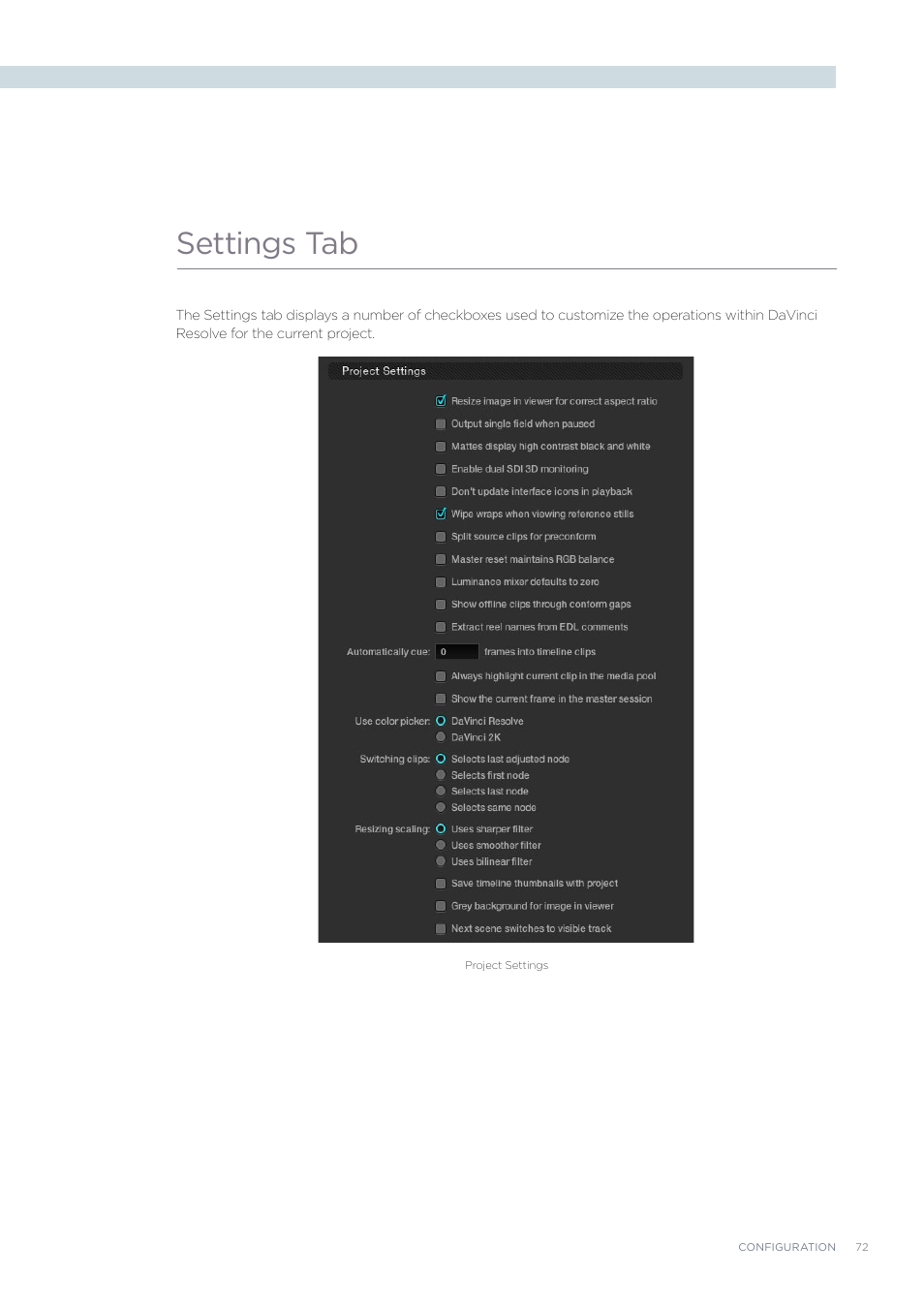 Settings tab | Blackmagic Design DaVinci Resolve Advanced Panel User Manual | Page 72 / 435