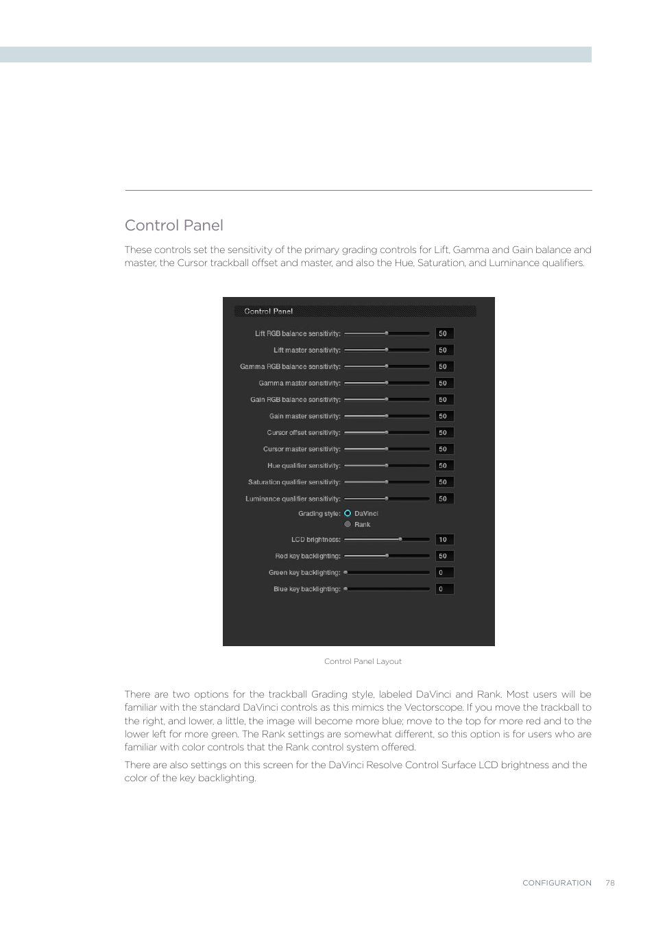 Control panel | Blackmagic Design DaVinci Resolve Advanced Panel User Manual | Page 78 / 435