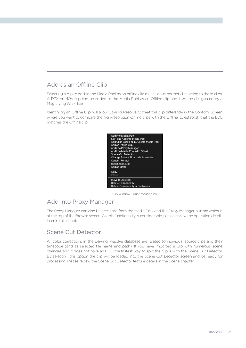 Add as an offline clip, Add into proxy manager, Scene cut detector | Blackmagic Design DaVinci Resolve Advanced Panel User Manual | Page 94 / 435