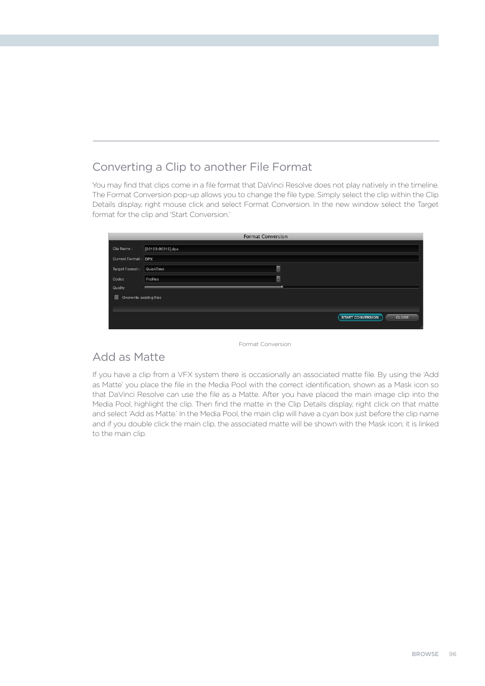 Converting a clip to another file format, Add as matte | Blackmagic Design DaVinci Resolve Advanced Panel User Manual | Page 96 / 435