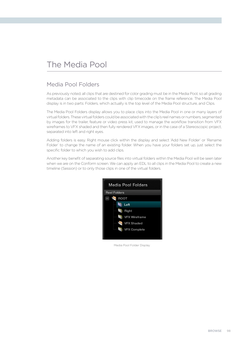 The media pool, Media pool folders | Blackmagic Design DaVinci Resolve Advanced Panel User Manual | Page 98 / 435