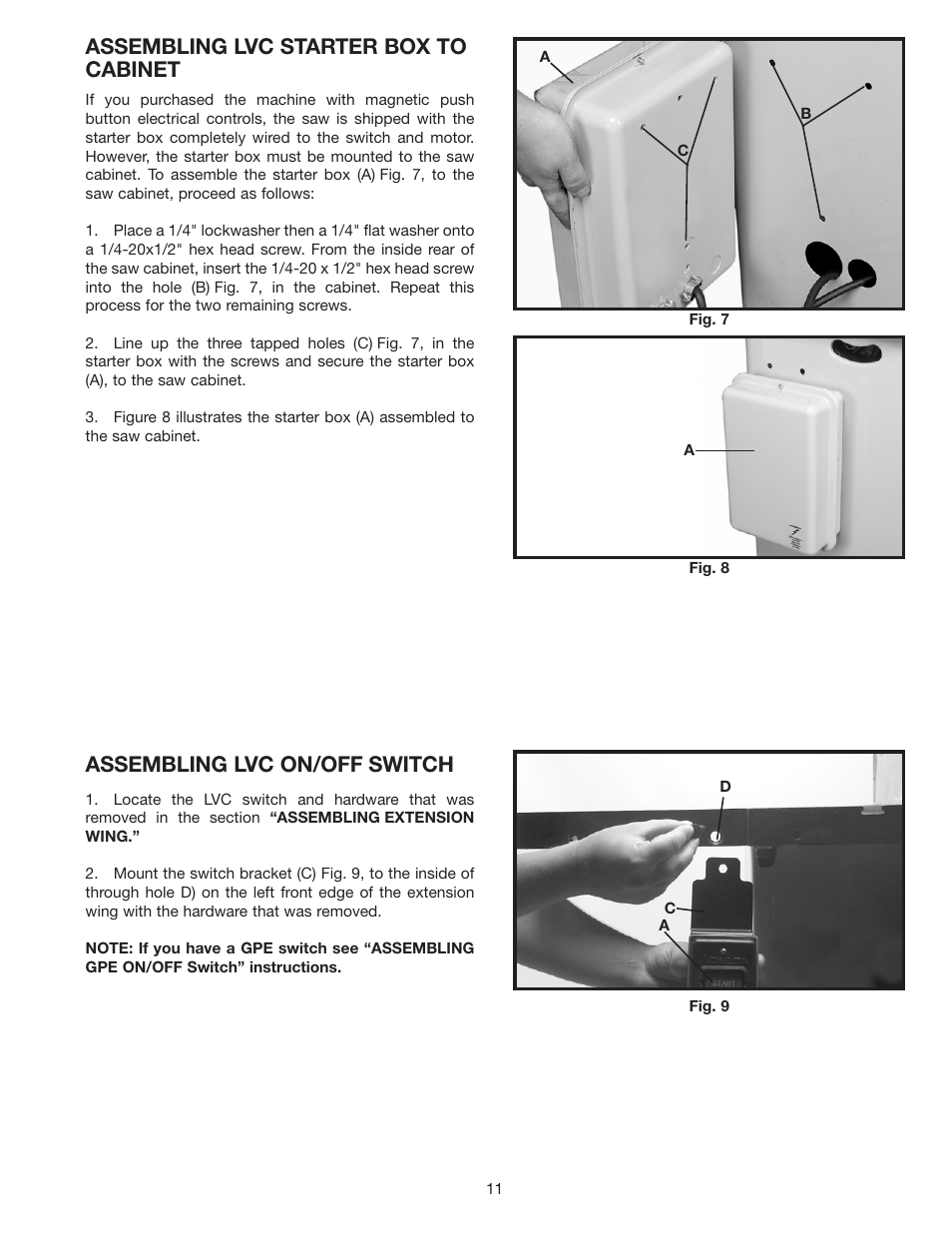 Assembling lvc starter box to cabinet, Assembling lvc on/off switch | Delta 36-953 User Manual | Page 11 / 32