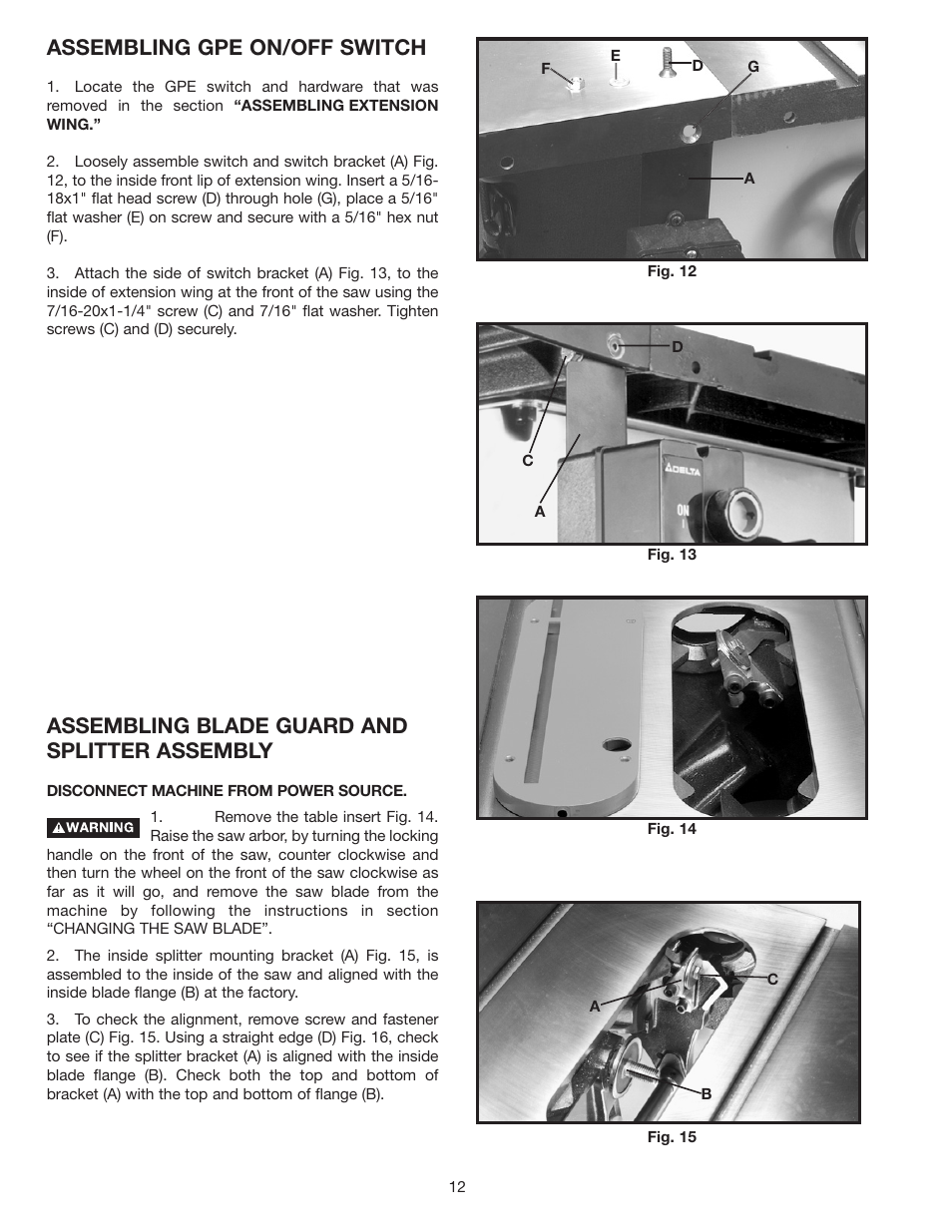 Assembling gpe on/off switch, Assembling blade guard and splitter assembly | Delta 36-953 User Manual | Page 12 / 32