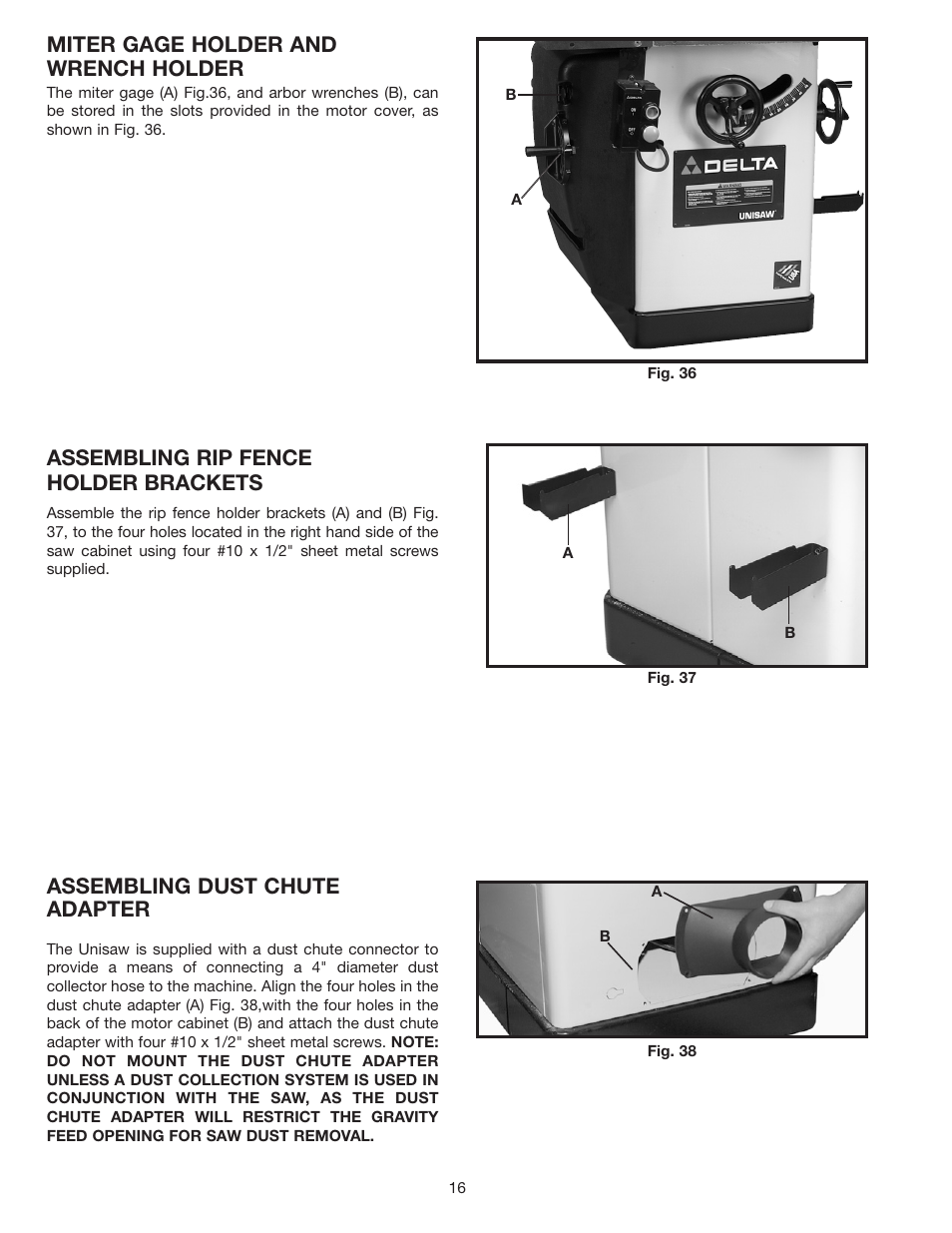 Assembling rip fence holder brackets, Assembling dust chute adapter, Miter gage holder and wrench holder | Delta 36-953 User Manual | Page 16 / 32