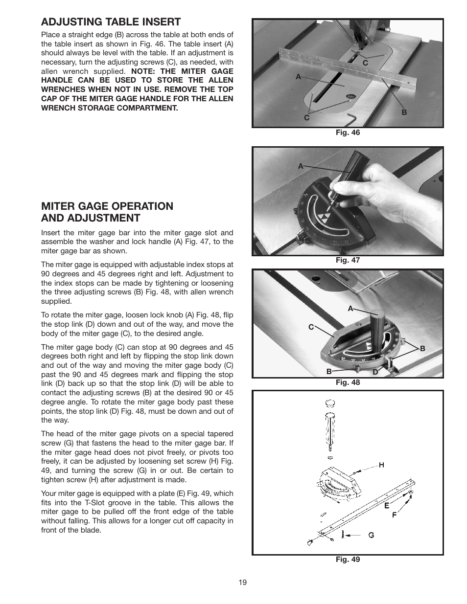 Adjusting table insert, Miter gage operation and adjustment | Delta 36-953 User Manual | Page 19 / 32