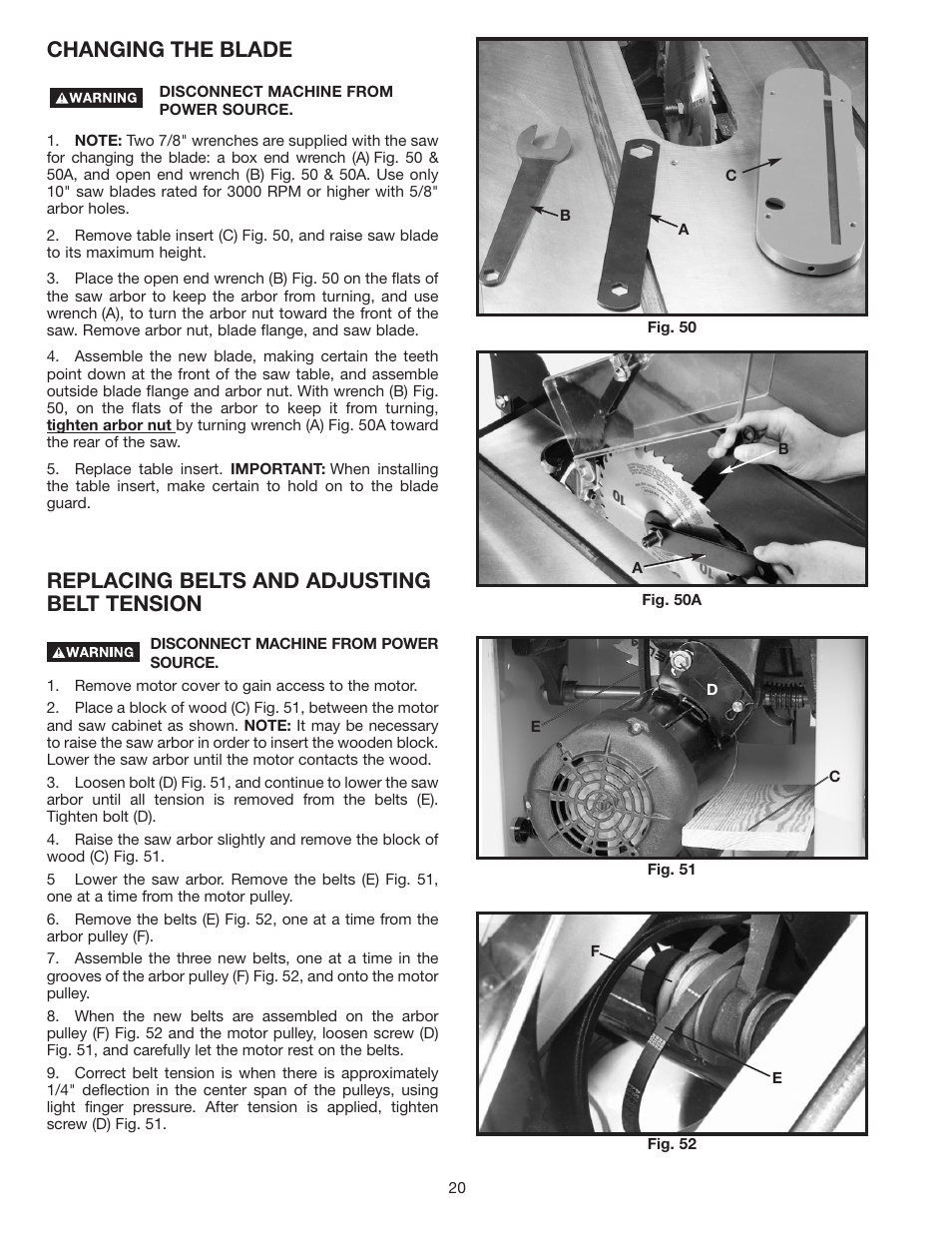 Replacing belts and adjusting belt tension, Changing the blade | Delta 36-953 User Manual | Page 20 / 32