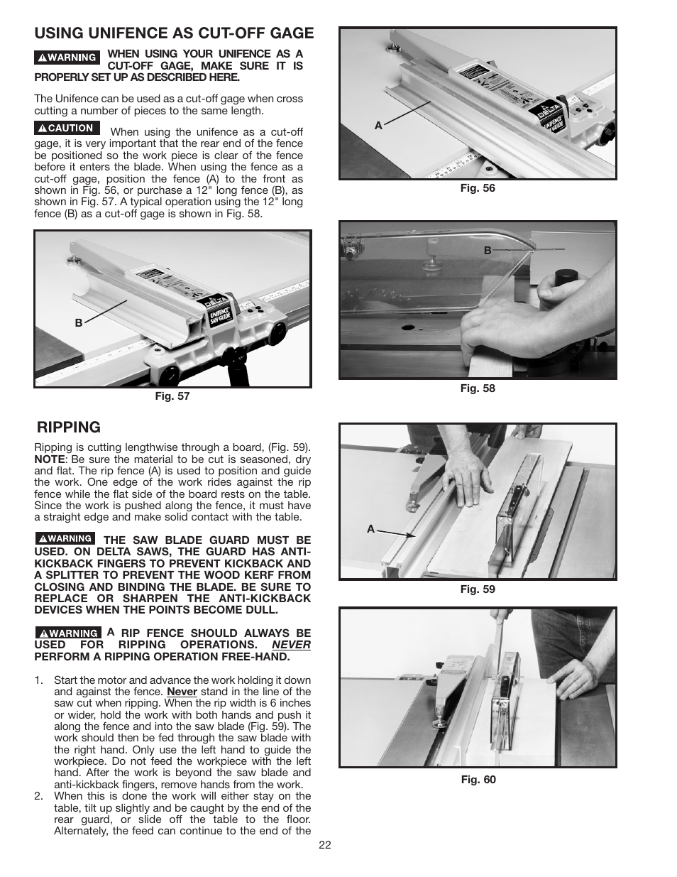 Using unifence as cut-off gage, Ripping | Delta 36-953 User Manual | Page 22 / 32