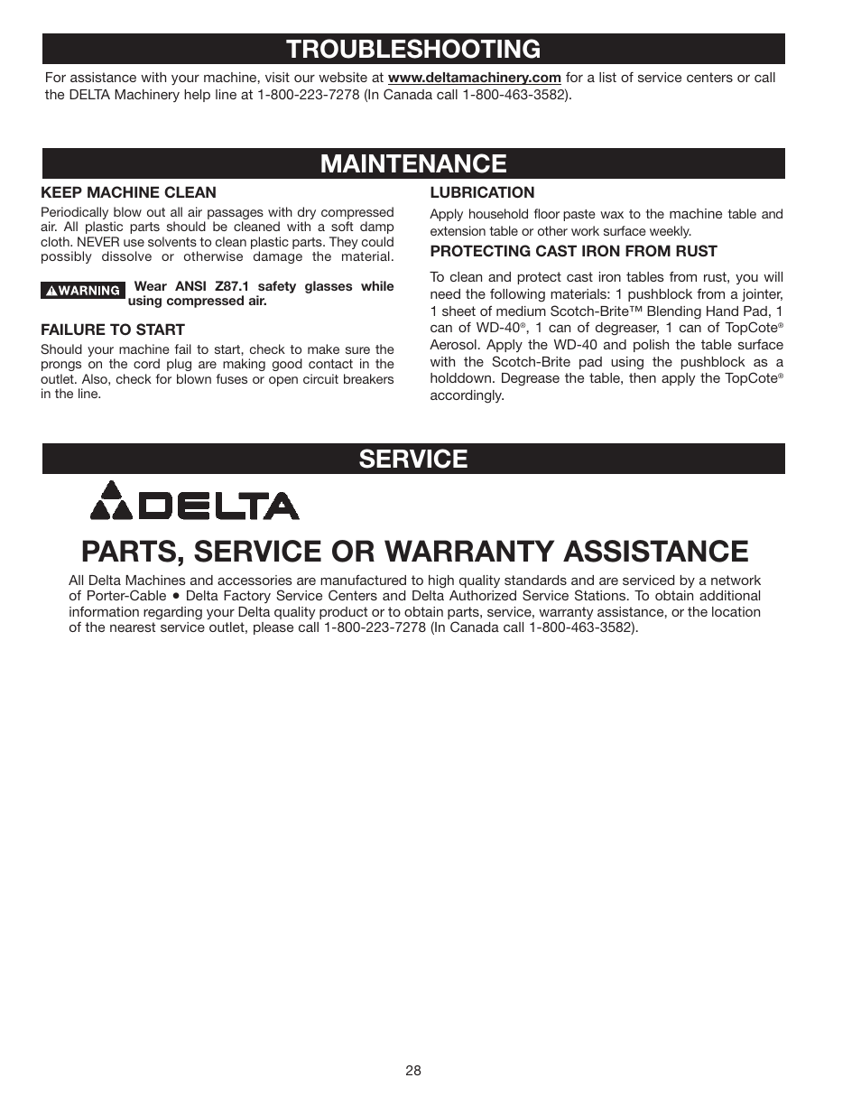 Parts, service or warranty assistance, Troubleshooting, Maintenance | Service | Delta 36-953 User Manual | Page 28 / 32