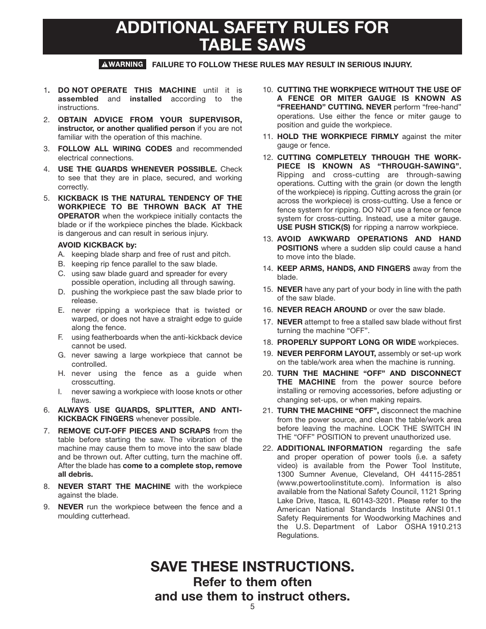 Additional safety rules for table saws, Save these instructions | Delta 36-953 User Manual | Page 5 / 32