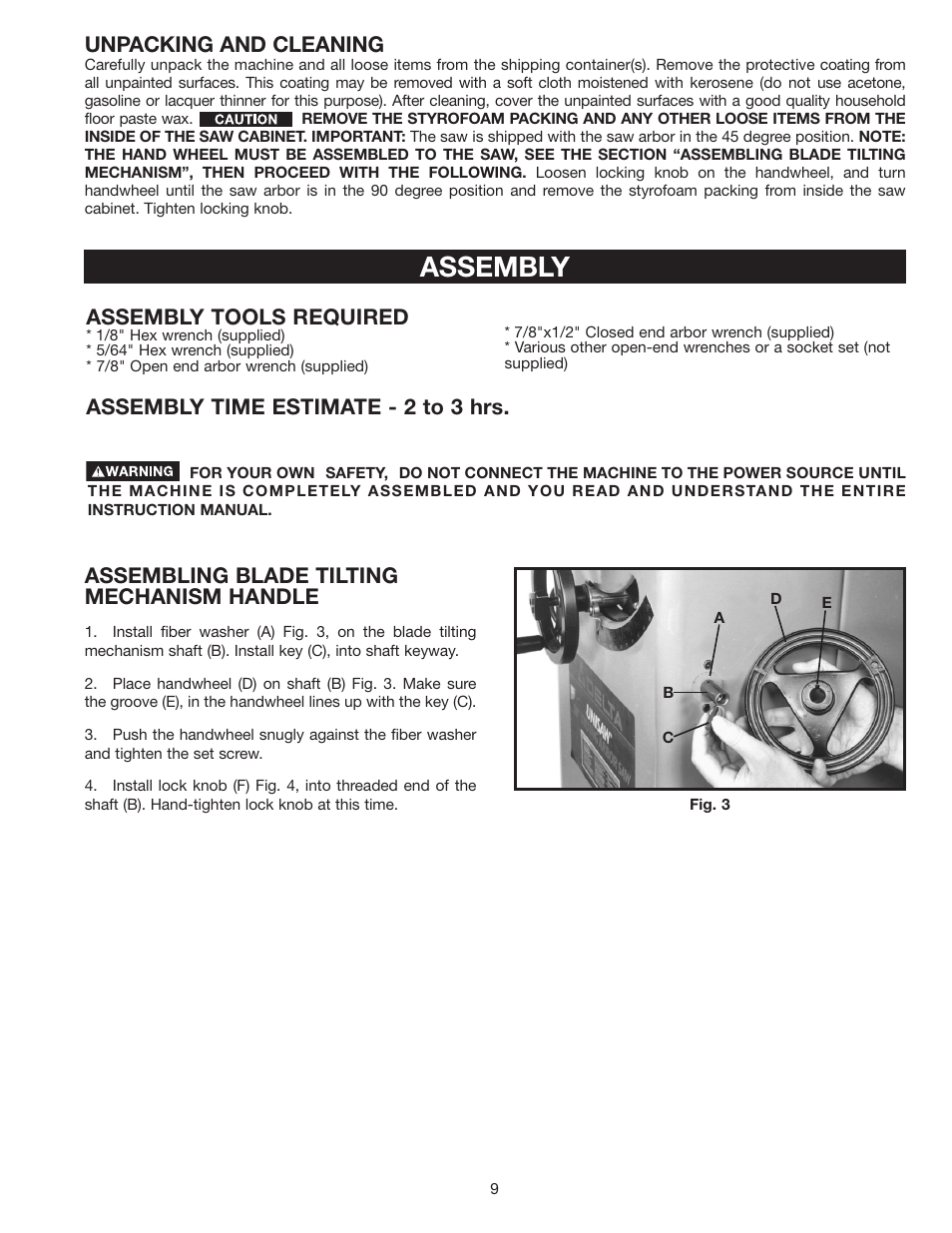 Assembly, Unpacking and cleaning, Assembling blade tilting mechanism handle | Assembly tools required, Assembly time estimate - 2 to 3 hrs | Delta 36-953 User Manual | Page 9 / 32