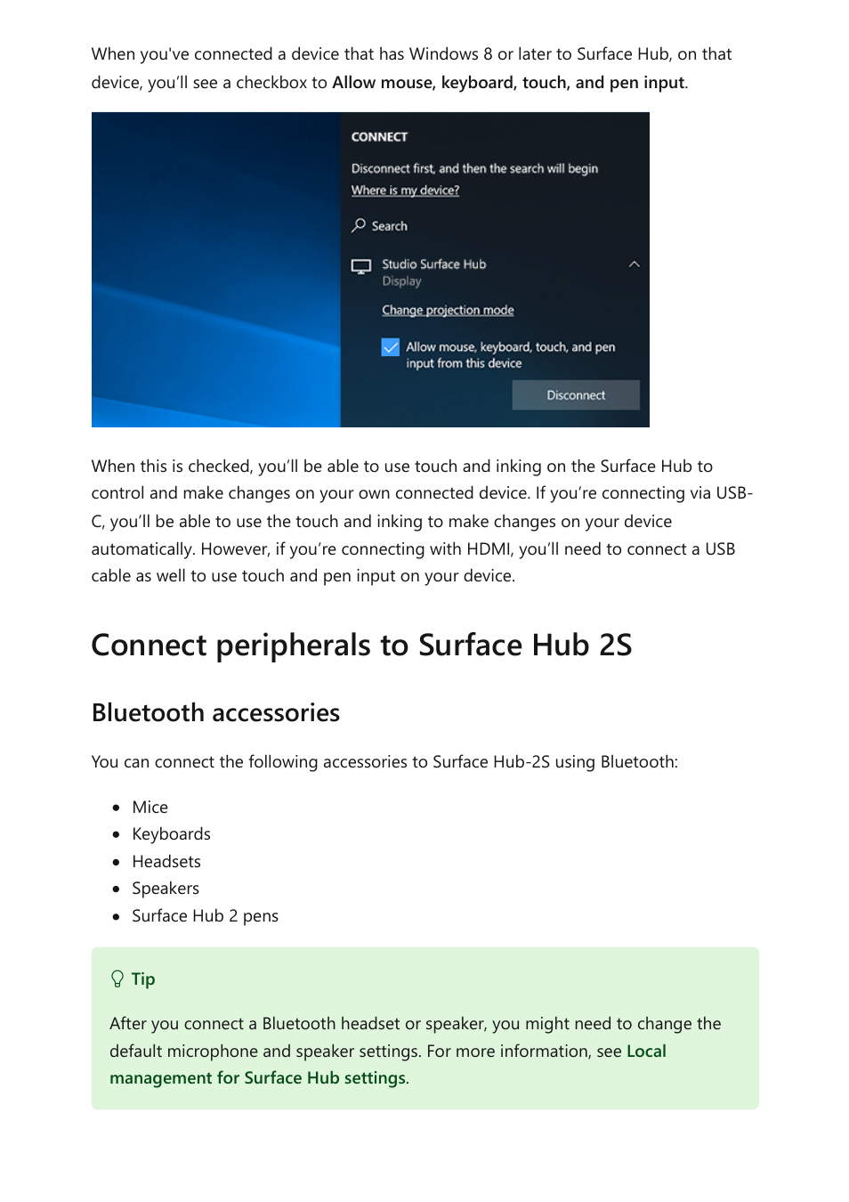 Connect peripherals to surface hub 2s, Bluetooth accessories | Microsoft Surface Hub 2 SmCamera User Manual | Page 114 / 572