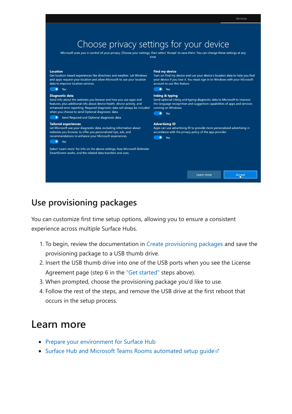 Learn more, Use provisioning packages | Microsoft Surface Hub 2 SmCamera User Manual | Page 18 / 572