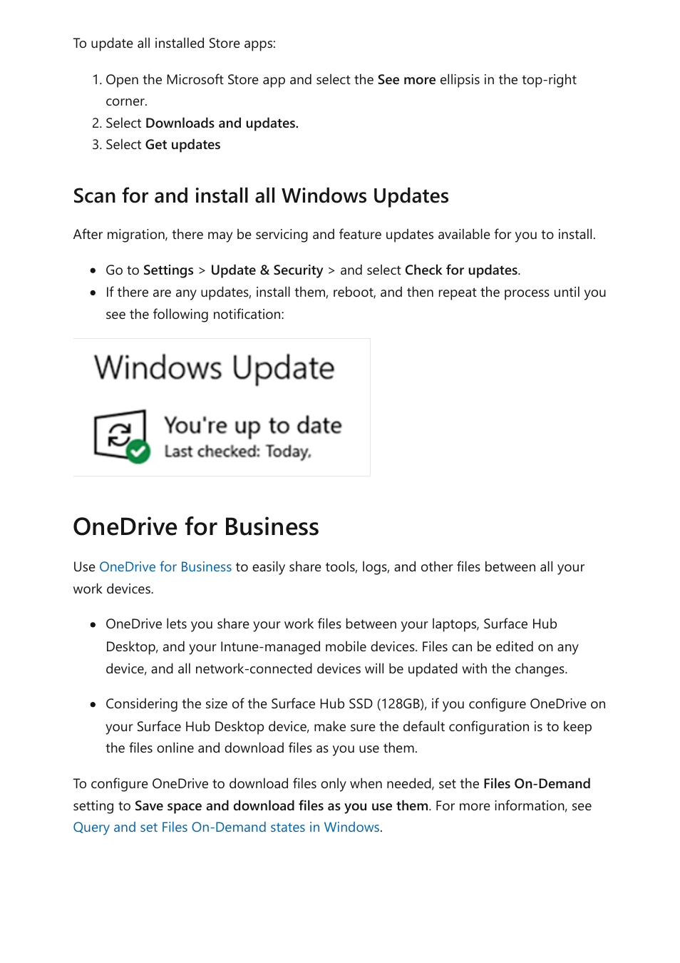 Onedrive for business, Scan for and install all windows updates | Microsoft Surface Hub 2 SmCamera User Manual | Page 184 / 572