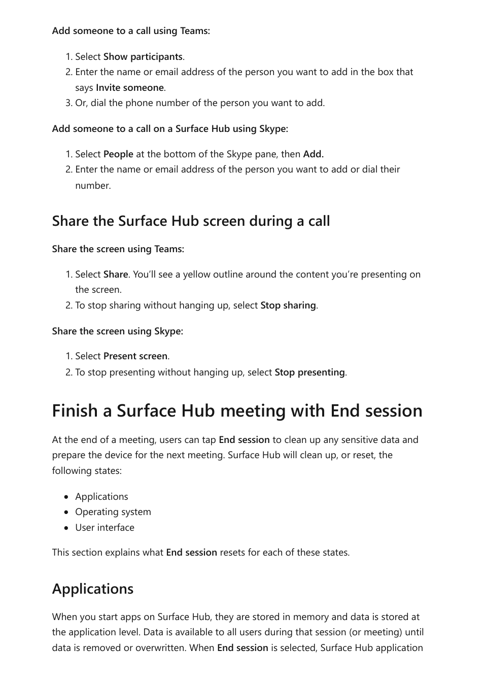 Finish a surface hub meeting with end session, Share the surface hub screen during a call, Applications | Microsoft Surface Hub 2 SmCamera User Manual | Page 218 / 572