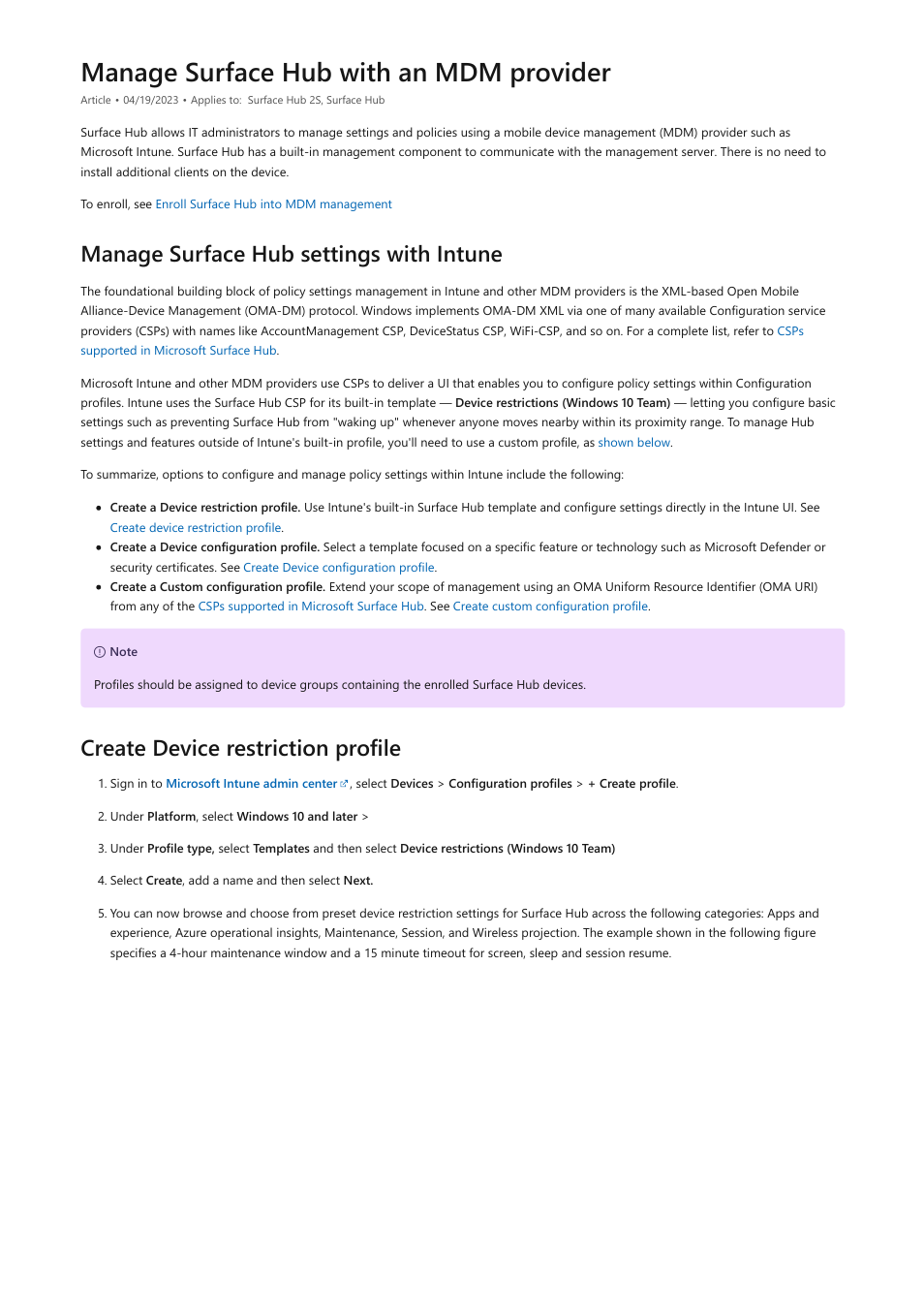 Manage surface hub with an mdm provider, Refer to, Eams on the surface hub can be done using your | Mobile device management (mdm) provider, Or through a, Manage settings with an mdm provider, Manage surface hub settings with intune, Create device restriction profile | Microsoft Surface Hub 2 SmCamera User Manual | Page 244 / 572