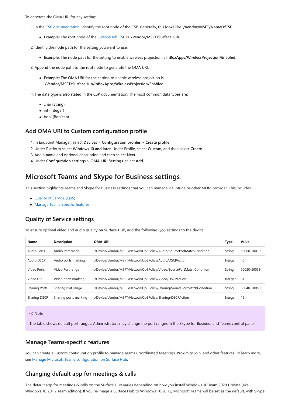 Manage surface, Hub with an mdm provider, Microsoft teams and skype for business settings | Add oma uri to custom configuration profile, Quality of service settings | Microsoft Surface Hub 2 SmCamera User Manual | Page 246 / 572