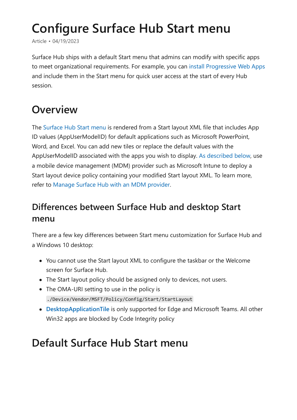 Configure surface hub start menu, O learn more, see, Overview | Default surface hub start menu | Microsoft Surface Hub 2 SmCamera User Manual | Page 269 / 572