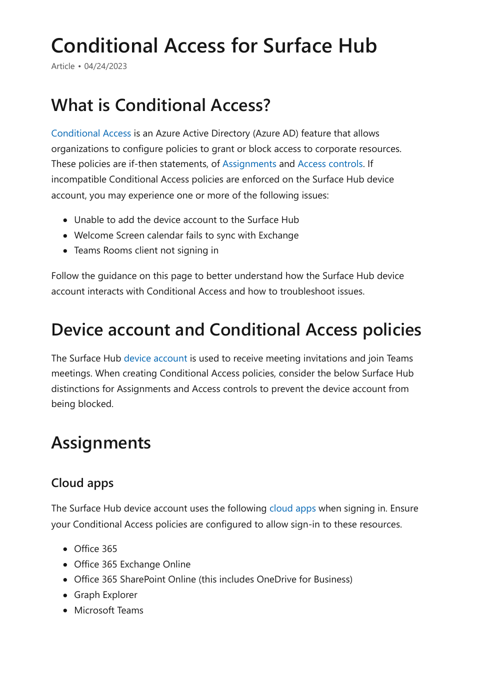 Troubleshoot conditional access, Follow the guidance on, Conditional access for surface hub | Microsoft Surface Hub 2 SmCamera User Manual | Page 364 / 572