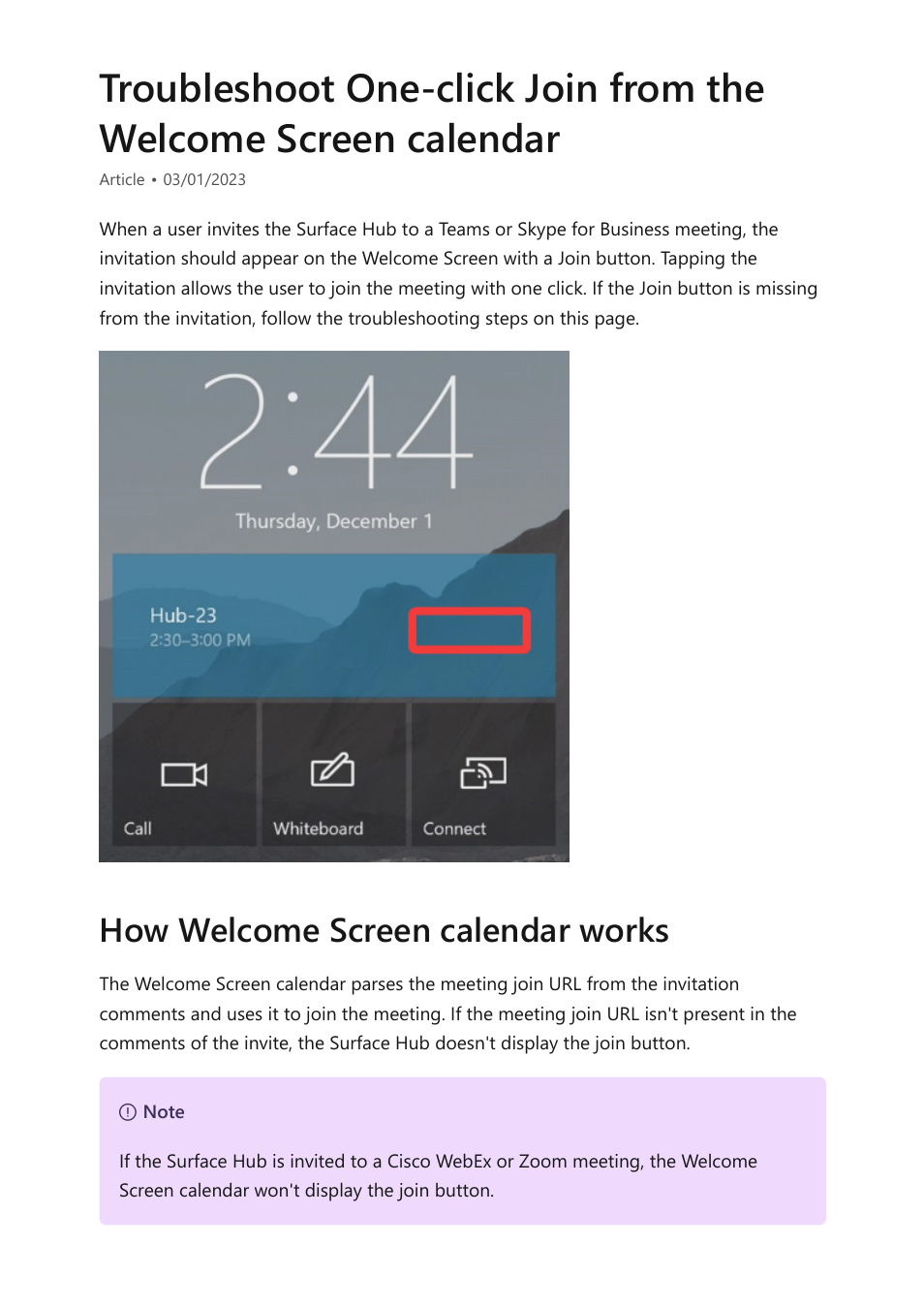 Troubleshoot one-click join, How welcome screen calendar works | Microsoft Surface Hub 2 SmCamera User Manual | Page 372 / 572