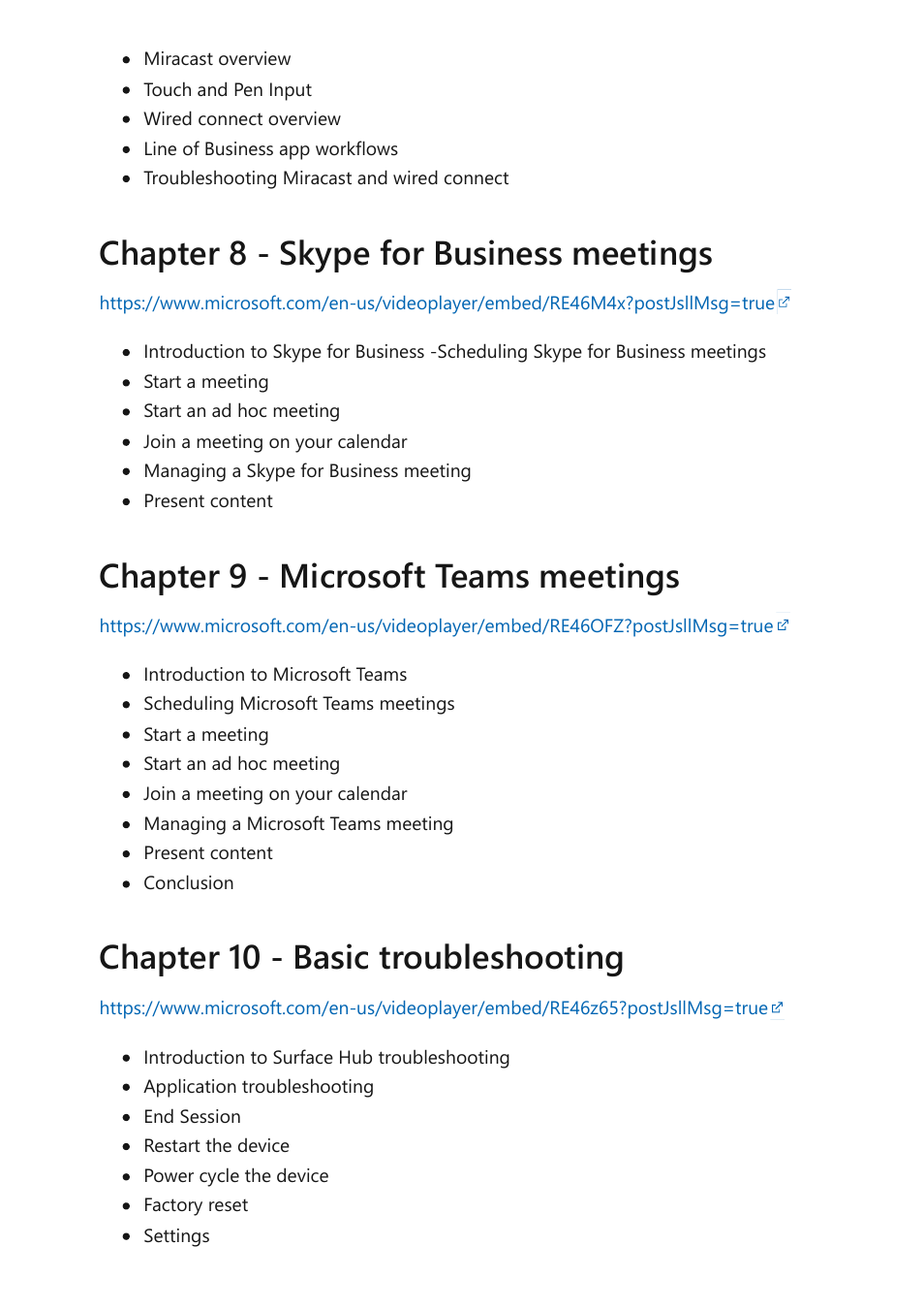 Chapter 8 - skype for business meetings, Chapter 9 - microsoft teams meetings, Chapter 10 - basic troubleshooting | Microsoft Surface Hub 2 SmCamera User Manual | Page 407 / 572